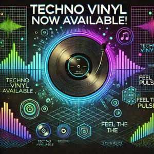Puede incluir: Un disco de vinilo negro en un tocadiscos con un efecto de luz azul y rosa neón. El texto "TECHNO VINYL NOW AVAILABLE!" está en la parte superior de la imagen. El texto "TECHNO VINYL AVAILABLE" está en la parte inferior izquierda de la imagen. El texto "FEEL THE PULSE" está en la parte inferior derecha de la imagen.