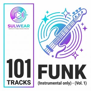 Może przedstawiać: Grafika promocyjna dla pakietów muzycznych royalty-free firmy Sulwear. Projekt przedstawia ilustrację gitary basowej w okręgu, z gradientem niebieskiego i fioletowego. Tekst brzmi "101 FUNK TRACKS (Instrumental only) - (Vol. 1)".