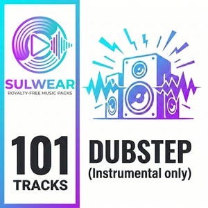 Może przedstawiać: Grafika promocyjna dla pakietów muzycznych wolnych od tantiem. Logo przedstawia przycisk odtwarzania w okręgu, z tekstem "SULWEAR" i "ROYALTY-FREE MUSIC PACKS". Obraz zawiera również "101 TRACKS" i "DUBSTEP (Instrumental only)".