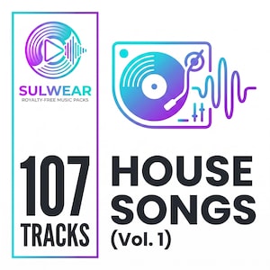 May include: A digital graphic with a turntable illustration and the text "107 TRACKS HOUSE SONGS (Vol. 1)". The design features a color gradient of blue, purple, and white, with the brand name "SULWEAR" and the text "ROYALTY-FREE MUSIC PACKS".