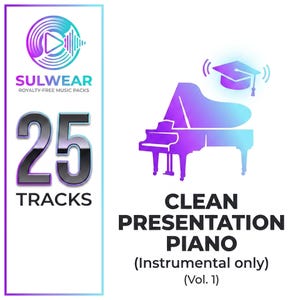 May include: A digital graphic featuring the text SULWEAR ROYALTY-FREE MUSIC PACKS, 25 TRACKS, and CLEAN PRESENTATION PIANO (Instrumental only) (Vol. 1). The design includes a gradient piano icon with a graduation cap and a circular play button logo.