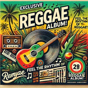 May include: A colourful illustration of a reggae album cover featuring a guitar, a record player, a keyboard, and palm trees. The text "EXCLUSIVE REGGAE ALBUM!" is written in bold, white letters on a yellow background. The text "FEEL THE RHYTHM OF REGGAE!" is written in white letters on a red background.