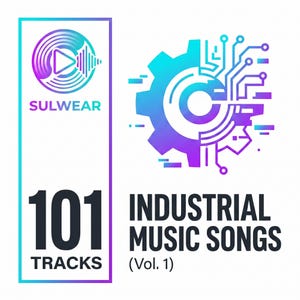 May include: A digital graphic for a music album with a gradient of blue and purple. The album title is "Industrial Music Songs (Vol. 1)" with "101 Tracks" and the brand name "Sulwear". The design includes a gear and circuit board.