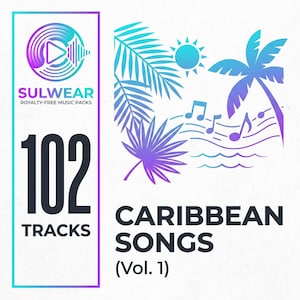 May include: A digital music pack cover with a tropical theme. The design features a palm tree, sun, and musical notes in shades of blue and purple. Text includes "SULWEAR," "102 TRACKS," and "CARIBBEAN SONGS (Vol. 1)."