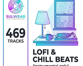 May include: Illustration of a cozy scene with a record player, lamp, and mug on a table. The image includes the text "LOFI & CHILL BEATS" and "469 TRACKS". The color scheme is a gradient of blue and purple.