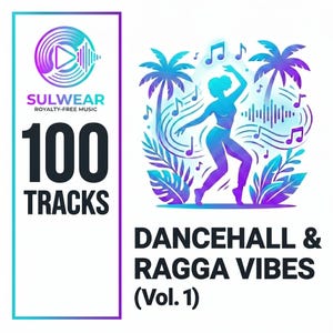May include: A digital graphic for royalty-free music, featuring a dancing figure, palm trees, and musical notes in shades of blue and purple. The text reads "SULWEAR" and "100 TRACKS". Below, it says "DANCEHALL & RAGGA VIBES (Vol. 1)".