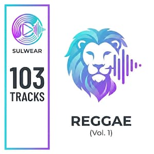 May include: A digital album cover with a lion's head and the word "REGGAE" in bold letters. The lion is rendered in shades of blue and purple, with sound wave elements. The album title is "REGGAE (Vol. 1)" and features 103 tracks.