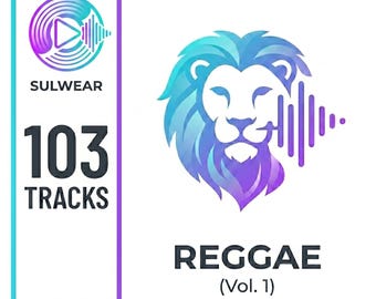 May include: A digital album cover with a lion's head and the word "REGGAE" in bold letters. The lion is rendered in shades of blue and purple, with sound wave elements. The album title is "REGGAE (Vol. 1)" and features 103 tracks.