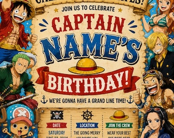 Faire-part d'anniversaire pirate One Piece, modèle de toile modifiable (téléchargement numérique)