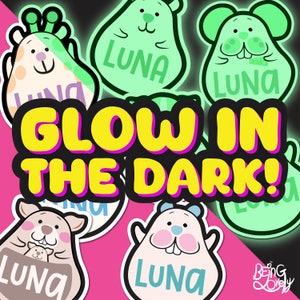 Prénom personnalisé - Stickers animaux phosphorescents | Kangourou, panda, girafe, lapin, ours, souris, cobaye, ours polaire