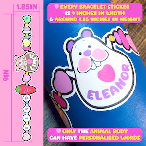 Nom personnalisé - Autocollants imperméables pour bracelets de 9 pouces de long | Kangourou, panda, girafe, licorne, ours, souris, cobaye, ours polaire