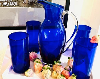 Hand Blown Glass Cobalt Pitcher with Four Glasses, contemporary Barware