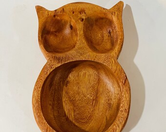 Hand Carved Wood Owl Serving Tray Spoon Rest 1970s