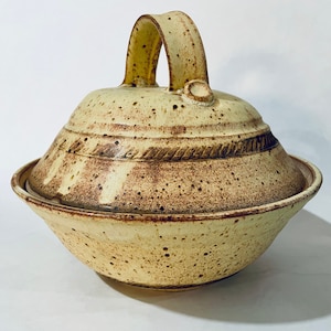 May include: A ceramic bowl with a lid and a handle. The bowl is speckled with brown and white glaze and has a brown rim. The lid has a brown rope design around the edge.