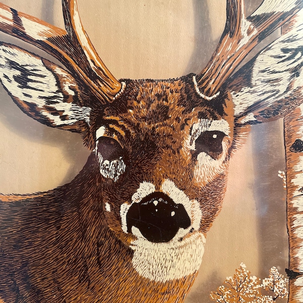 Vintage Reverse Painted Glass Whitetail Deer Wall Art