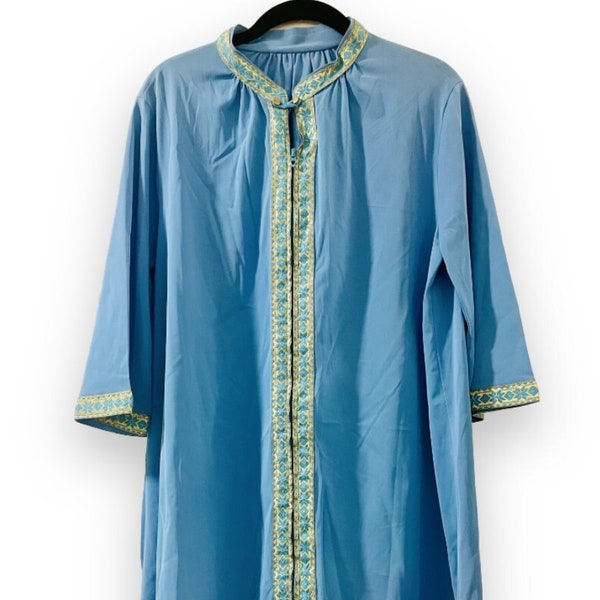 1960s Flowy Blue and Gold Mini Dress, vintage kaftan loungewear