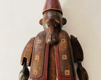 Hand Carved Articulated Monkey Puppet with Tufted Fez