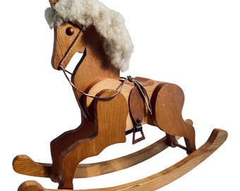Amish Rocking Horse with Wool Mane and Tail, Leather Saddle and Bridle Vintage Handmade Wood Toy