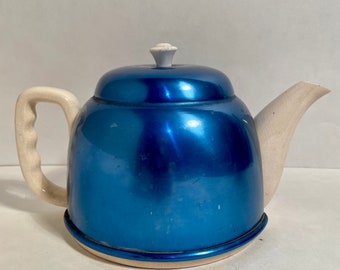 Midcentury Ceramic Japanese Teapot with Anodized Blue Aluminum Cozy, mcm coffee decor