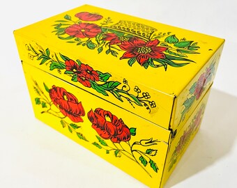 Boîte de recettes vintage fleurs rouges jaunes Syndicate Mfg Co