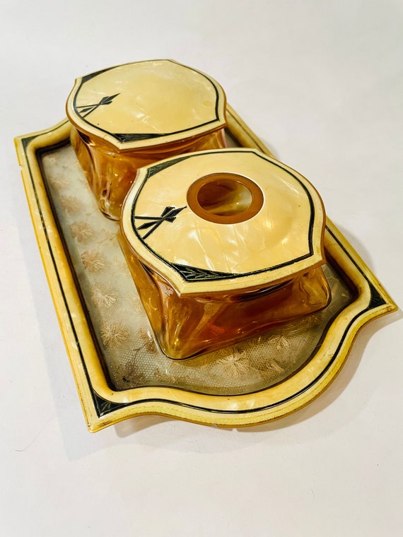 1930's Celluloid Amber Glass Art Deco Grooming Set