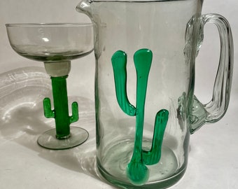 Hand Blown Glass Saguaro Cactus Margarita Pitcher with Four Glasses, southwestern artisan barware