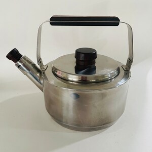 Midcentury Modern Faberware Stainless Steel Whistling Tea Kettle Wood Handle