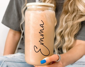 Custom Glass Tumbler, Name Glass Tumbler, Personalized Cold Coffee Cup, Wedding Party Gift, Birthday Gift, Coworker Gift