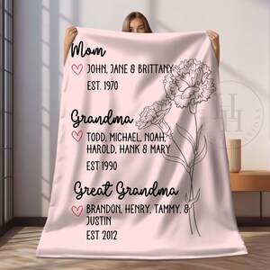 May include: Pink fleece blanket with a black and white floral design and the text "Mom", "Grandma", and "Great Grandma" with the names and years of each generation listed below.