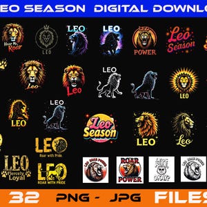 Puede incluir: Descarga digital con 32 diseños temáticos de Leo. Las imágenes muestran ilustraciones de leones y textos como "Leo Season", "Roar" y "Power". Los diseños están disponibles en formatos PNG y JPG.