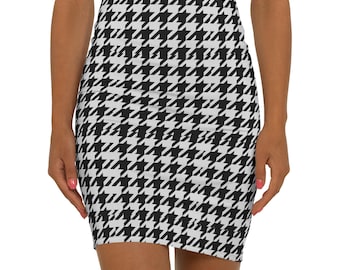 Black and White Houndstooth Pencil Skirt | Mid Waist Patterned Skirt