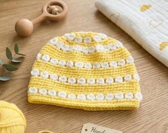 Crochet Baby Hat Pattern | Bobble Stitch Baby Beanie  0-3, 3-6, 6-9 Months