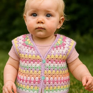 Patroon gehaakt babyvestje – 1 en 2 jaar oud – pastelkleurige bladerdeegsteek – pdf direct downloaden – eenvoudig patroon babybodywarmer – oma-vierkante stijl