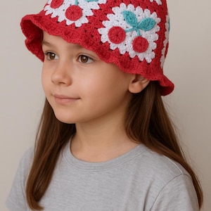Cherry Granny Square Bucket Hat Pattern – Crochet Summer PDF for Kids