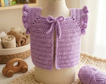 Modèle de gilet pour bébé au crochet, cardigan avec manches à volants, vêtements bohèmes pour bébé (0-9 mois)