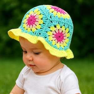 Sunflower Granny Square Baby Bucket Hat Pattern – Crochet PDF, 6-12 Months