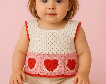 Baby Sweater Pattern – Granny Square Heart Crochet Vest, 1‑2 Years