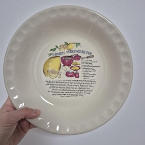 Vintage lemon meringue pie recipe dessert baking dish. Round ceramic tart/flan/pie dish stoneware