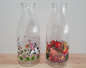 Vintage Le Parfait France glass milk bottle carafes | with vibrant fruits | with jersey cow meadow