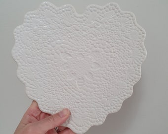 Beautiful Vintage lace heart ceramic trivet decorative plate candle pot base bathroom decor. Multi use!