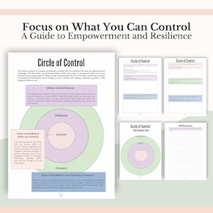 Może przedstawiać: Wielostronicowy dokument zatytułowany Focus on What You Can Control: A Guide to Empowerment and Resilience. Zawiera diagram Kręgu Kontroli z wewnętrznymi, środkowymi i zewnętrznymi okręgami oznaczonymi jako Control, Influence i Concern oraz strony do refleksji.