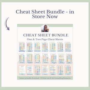 May include: A colorful cheat sheet bundle for counseling resources. The bundle includes one and two-page cheat sheets on topics such as challenging negative thoughts, emotional regulation, and self-sabotage. The cheat sheets are printable in US letter and A4 sizes.