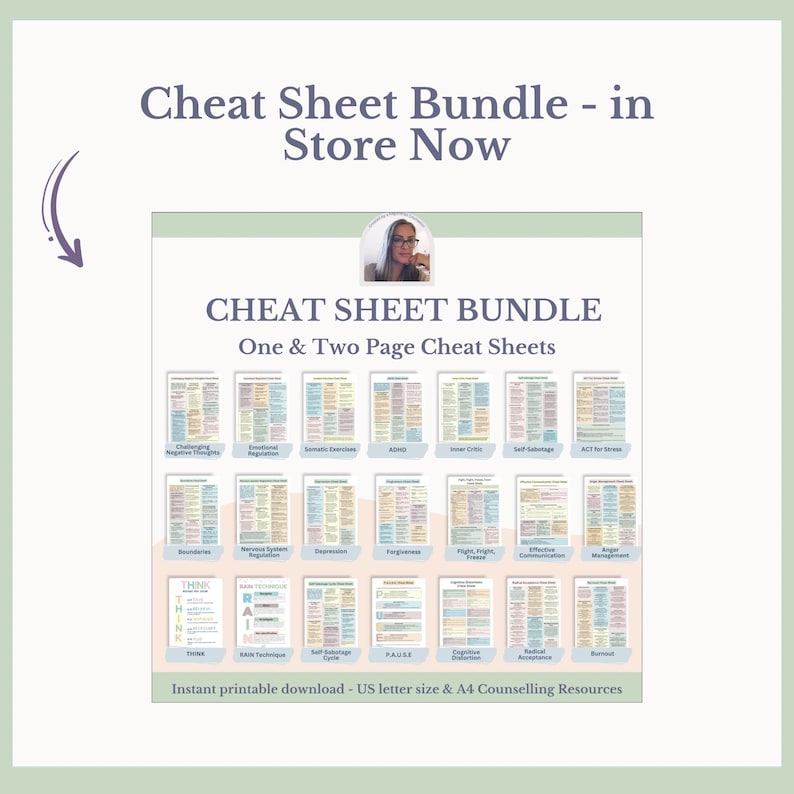 May include: A colorful cheat sheet bundle for counseling resources. The bundle includes one and two-page cheat sheets on topics such as challenging negative thoughts, emotional regulation, and self-sabotage. The cheat sheets are printable in US letter and A4 sizes.