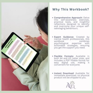 May include: A woman is reading a digital workbook on a tablet. The workbook is titled "Action plans and maintenance". The text on the right side of the image describes the workbook's features, including a comprehensive approach, expert guidance, flexible formats, and instant download.
