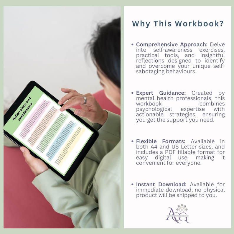 May include: A woman is reading a digital workbook on a tablet. The workbook is titled "Action plans and maintenance". The text on the right side of the image describes the workbook's features, including a comprehensive approach, expert guidance, flexible formats, and instant download.