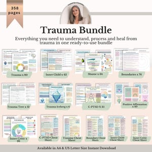 May include: A digital download bundle titled "Trauma Bundle" with 358 pages. The bundle includes guides on trauma, inner child work, shame, boundaries, and C-PTSD. Available in A4 and US Letter sizes for instant download.