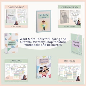May include: A collection of colorful digital workbooks for self-help and personal growth. The workbooks cover topics such as setting boundaries, building resilience, emotional regulation, effective communication, and reacting vs responding. The workbooks are available as instant downloads and are printable.