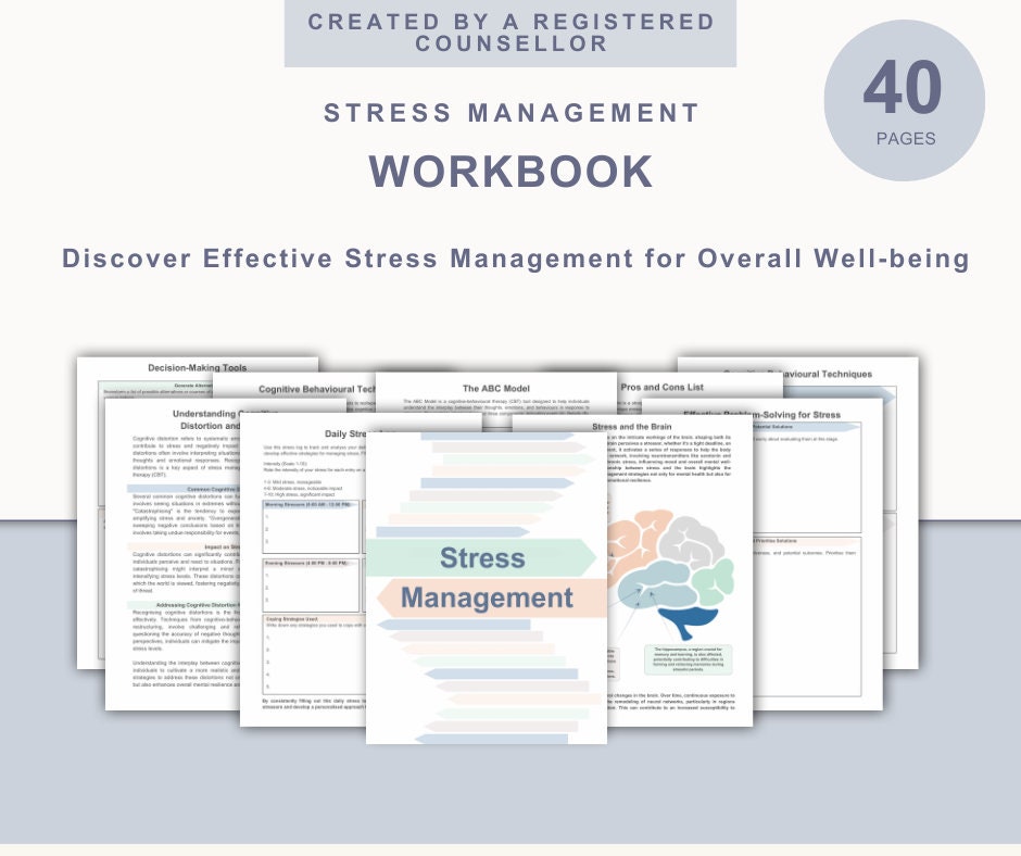 Stress Management Workbook, Stress Management, therapy worksheets, CBT worksheet, behavioural activation, coping strategies, anxiety relief
