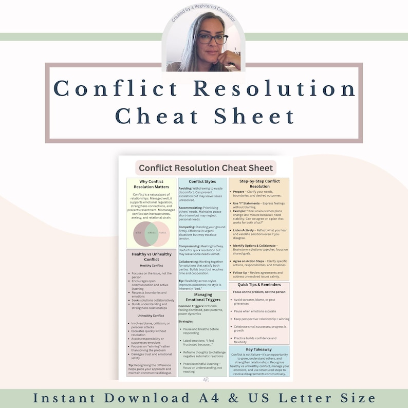 May include: A printable "Conflict Resolution Cheat Sheet" with a woman's photo in the top. The document includes sections on conflict styles, step-by-step resolution, and managing emotional triggers. The text is in black on a white background.
