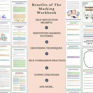 May include: A digital workbook titled Benefits of The Masking Workbook, featuring a central list of features including self-reflection prompts, identifying masking patterns, grounding techniques, self-compassion practices, and coping strategies, surrounded by various page previews.